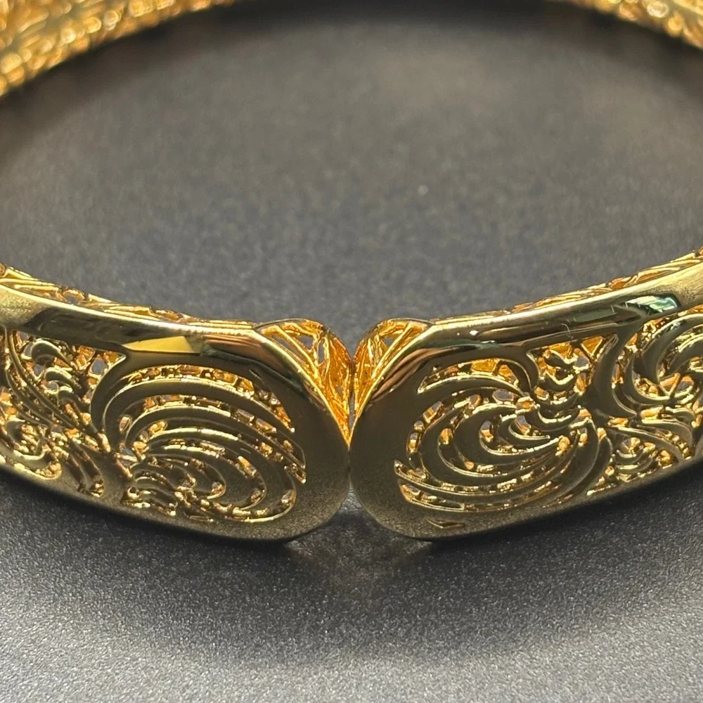 Italian Bronze Gold Tone Filigree Scroll Hinged Bangle Bracelet.  Made in Italy